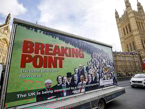 A van with a billboard entitled Breaking Point and aimed at holding the 'Brext Elite' to account, is pictured during its unveiling by For our Future's Sake (FFS) - the youth and student wing of the People's Vote campaign - outside the Houses of Parliament in central London.