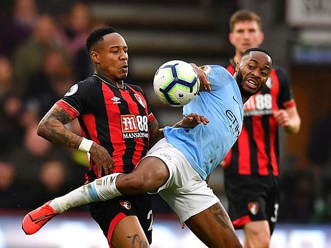 Manchester City's Raheem Sterling in action with Bournemouth's Nathaniel Clyne, March 2, 2019.