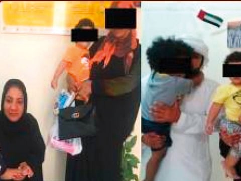 This combo image shows the toddlers with the maid (left image, faces obscured) and with Captain Wafa Khalil Al Housani from the Social Centre. The children were handed over to their grandmother but the scene was emotional as they refused to be parted with the maid.