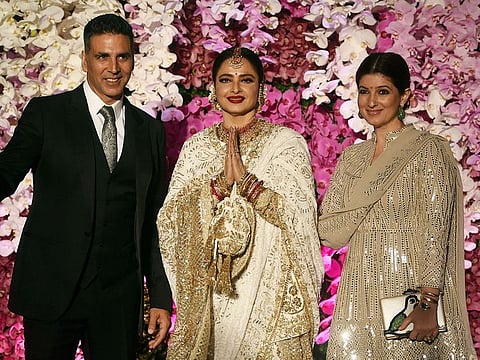 Actors Rekha, Akshay Kumar and Twinkle Khanna at the wedding reception of Akash Ambani and Shloka in Mumbai, Sunday, March 10, 2019 