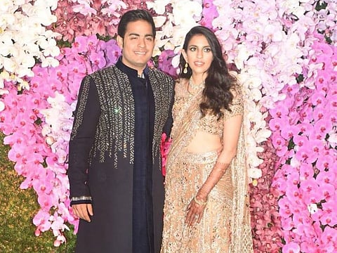 Mukesh Ambani-Nita Ambani's son Akash Ambani with his wife Shloka Mehta at their post-wedding celebrations.