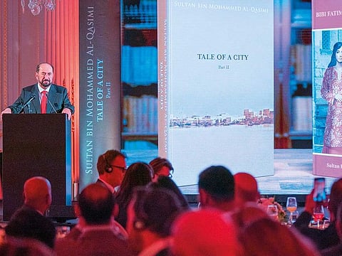 Dr Shaikh Sultan during the launch of the English versions of his two books Tale of a City and Bibi Fatima and the King’s Son in London.