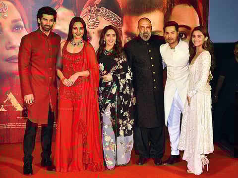 Aditya Roy Kapoor, Sonakshi Sinha, Madhuri Dixit Nene, Sanjay Dutt, Alia Bhatt and Varun Dhawan at the launch of the teaser for ‘Kalank’ in Mumbai on Tuesday.