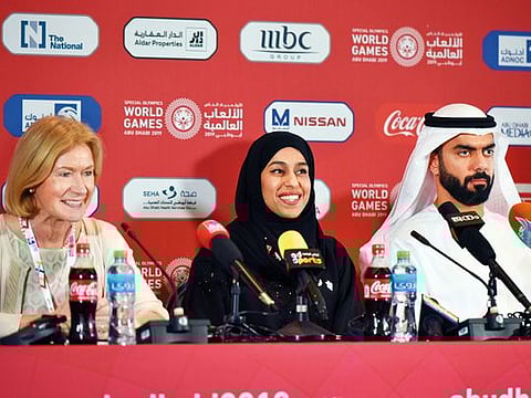 Mary Davis (left), CEO of Special Olympics,  Hessa Bint Eisa Bu Humaid (centre), Minister of Community Development, and Saif Saeed Gobash, Member of the Higher Committee for Special Olympics, at Adnec in Abu Dhabi.