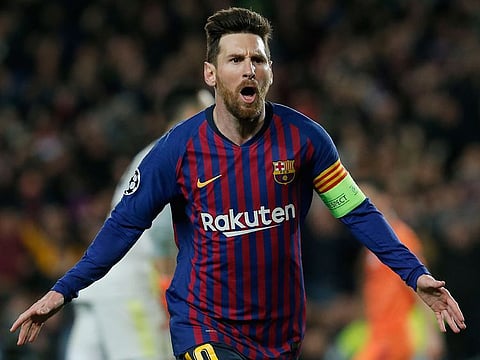 Barcelona superstar Lionel Messi celebrates after scoring during the UEFA Champions League round of 16, second leg against Olympique Lyonnais at the Camp Nou in Barcelona.