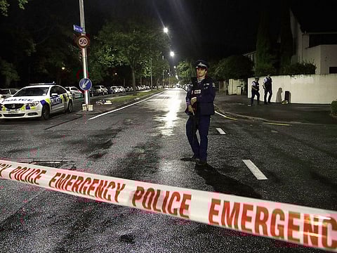 A police officer patrols at a cordon near a mosque in central Christchurch, New Zealand.