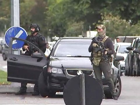 An image grab from TV New Zealand taken on March 15, 2019 shows armed New Zealand special forces arriving outside the mosque following a shooting in Christchurch. 