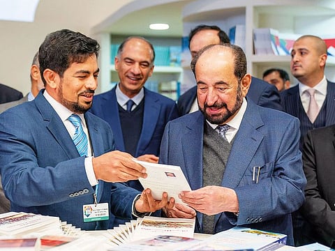 Dr Shaikh Sultan Bin Mohammad Al Qasimi at the Paris Book Fair on Thursday. He held discussions with publishers, literati and media representatives on the importance of cultural development during his visit to the fair.