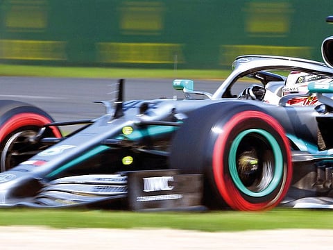 Mercedes’ driver Lewis Hamilton negotiates a corner during the third practice session in Melbourne yesterday, ahead of the Australian Grand Prix. The Briton will start with teammate Valtteri Bottas in the front row today.