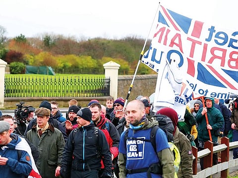 Nigel Farage leads heads the ‘Brexit Betrayal’ march in Sunderland yesterday. The marchers won’t walk the entire route, with some of the distance being covered by vehicle.