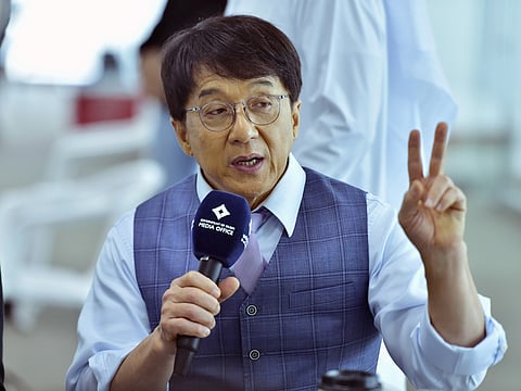 Superstar Jackie Chan talks to the media about his latest movie 'Vanguard' at Dubai Studio City on March 19, 2019.