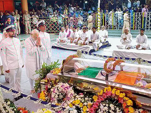 Prime Minister Narendra Modi pays homage to Goa Chief Minister Manohar Parrikar, who passed away battling pancreatic ailment, in Panaji.