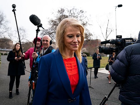 Kellyanne Conway, counselor to President Donald Trump, outside the White House while speaking to reporters, in Washington, March 18, 2019.