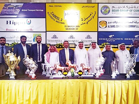   Mirza Al Sayegh, Shareef Al Halawani, Abdullah Al Ansari, Masoud Saleh and representatives of the sponsors at a press conference to announce the final race meet at Jebel Ali Racecourse.