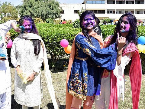 To show solidarity with Hindu community during Holi festival, students of Liaquat University of Medical and Health Sciences Jamshoro applying colours at each other.
