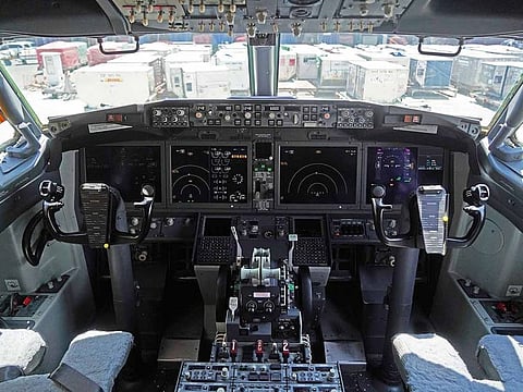 The cockpit of a grounded Lion Air Boeing Co. 737 Max 8 aircraft is seen at terminal 1 of Soekarno-Hatta International Airport in Cenkareng, Indonesia, on Tuesday, March 15, 2019.