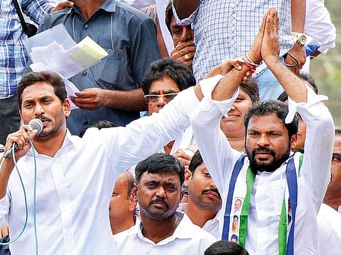 YSR Congress Party chief Jaganmohan Reddy (left) during his party’s campaign at Polavaram in West Godavari district of Andhra Pradesh.