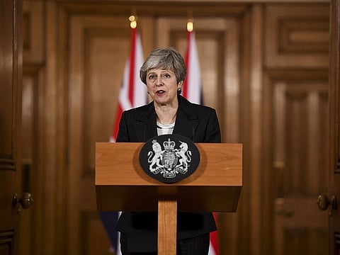 Theresa May, U.K. prime minister, makes a statement inside number 10 Downing Street in London, U.K., on Wednesday, March 20, 2019.