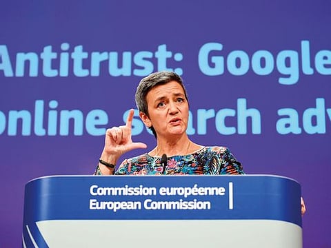 EU Commissioner of Competition Margrethe Vestager speaks at a press conference on Google online search advertising at the EU headquarters in Brussels.