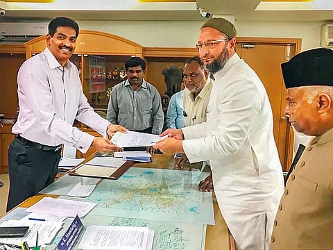 AIMIM President Asaduddin Owaisi files his nomination papers to contest for Hyderabad Lok Sabha seat, in Hyderabad, Monday, March 18, 2019.