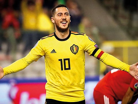Belgium’s forward Eden Hazard celebrates after scoring a goal during the Euro 2020 qualification match against Russia at the Roi Baudouin stadium, in Brussels, on Thursday. Belgium won 3-1.