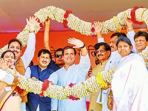 Congress President Rahul Gandhi being garlanded during ‘Jan Bhawna Rally’ in Purnia in Bihar on Saturday. Congress has failed to build alliances in the populous Uttar Pradesh state.