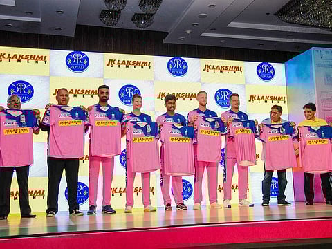 Rajasthan Royals players at the unveiling of the new team jersey ahead IPL 2019 in Jaipur. 