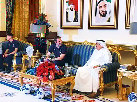 Arsenal goalkeeper Petr Cech speaks with Shaikh Hamdan at his palace in Dubai on Sunday.