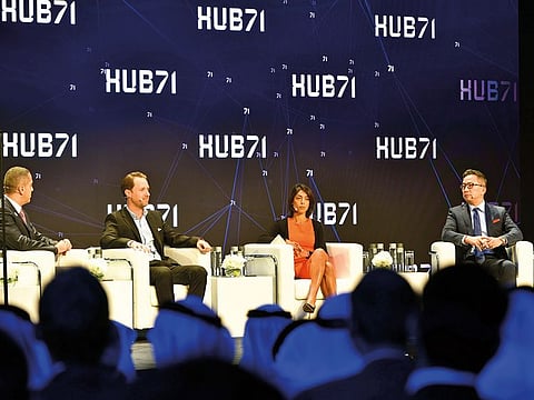 From left: Ebrahim Ajami, Magnus Olssen, CEO of Careem, Ambareen Musa, CEO of Souqalmal.com and George Huang President International business group at Sense time at a panel discussion during the launch Hub71 on Sunday.