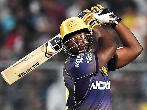 Kolkata Knight Riders' Andre Russell plays a shot during the Indian Premier League match against Sunrisers Hyderabad at the Eden Gardens Stadium in Kolkata on March 24, 2019.  