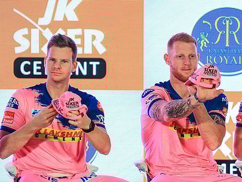 Steve Smith (left) and Ben Stokes at the unveiling of team jerseys for Rajasthan Royals ahead of IPL 2019. 