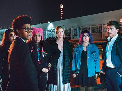 Lyrica Okano, Rhenzy Feliz, Allegra Acosta, Virginia Gardner, Ariela Barer and Gregg Sulkin in ‘Runaways’.