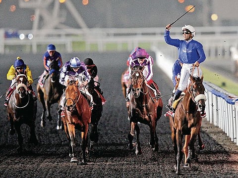 Monterosso, ridden by jockey Mickael Barzalonam win the Dubai World Cup at Meydan