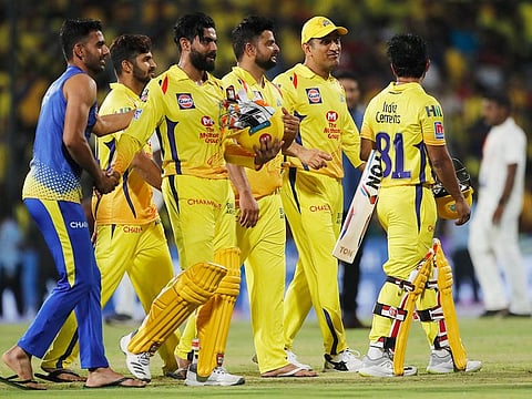 Chennai Super Kings players leave the ground after their win in the VIVO IPL T20 cricket match against Royal Challengers Bangalore in Chennai, on Saturday, March 23, 2019. 