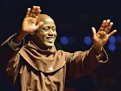 Peter Tabichi celebrates after winning the Best teacher award during the closing ceremony of the Global Education and Skills Forum (GESF) at Atlantis-The Palm Hotel.