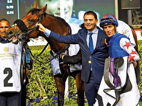 Owner Nabil Mourad and Christophe Soumillon with African Ride after winning the District One Crystal Lagoon Trophy.