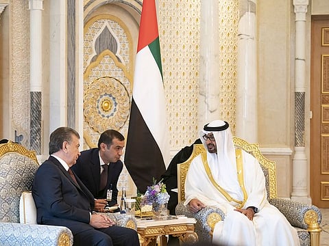 Shaikh Mohammad Bin Zayed with Uzbekistan President Shavkat Mirziyoyev during talks in Abu Dhabi. The talks touched on greater joint cooperation across many sectors.