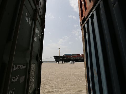 A cargo ship docked at the Shahid Beheshti Port in the southeastern Iranian coastal city of Chabahar.