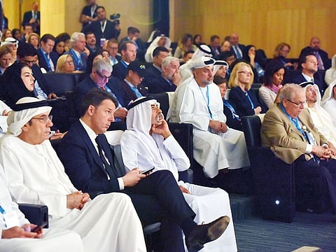 Shaikh Nahyan bin Mubarak Al Nahyan (centre) along with other  guests are seen during the Ideas Abu Dhabi conference at the New York University.