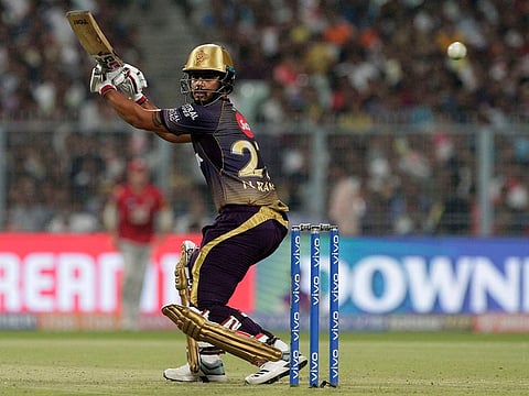 Kolkata Knight Riders' Nitish Rana bats on his way to making fifty runs during the VIVO IPL cricket T20 match against Kings XI Punjab in Kolkata, India, Wednesday, March 27, 2019.
