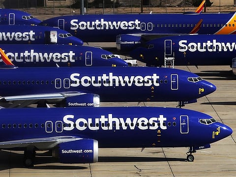 A number of Southwest Airlines Boeing 737 MAX aircraft are parked at Southern California Logistics Airport on March 27, 2019 in Victorville, California.