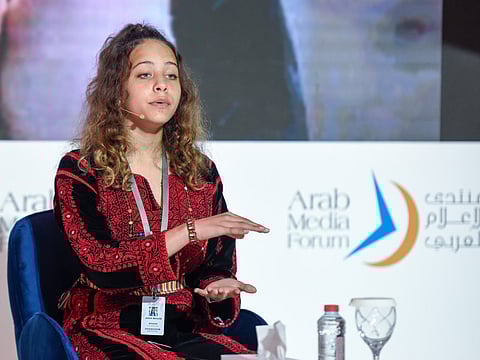 Janna Jihad during her talk ‘An Inspirational story’, on the second day of the Arab Media Forum.