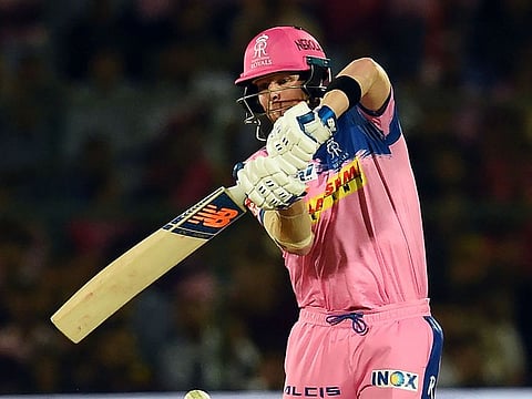 Rajasthan Royals' Steve Smith plays a shot during the 2019 Indian Premier League (IPL) Twenty20 cricket match between Rajasthan Royals and Kings XI Punjab at the Sawai Mansingh stadium in Jaipur on March 25, 2019
