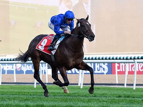 Blue Point, ridden by jockey William Buick and trained by Charlie Appleby wins Nad Al Sheba Turf Sprint race on Super Saturday at Meydan racecourse.