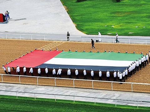 Dubai Police personnel rehearsing for opening ceremony as Meydan gets ready for the Dubai World Cup. 