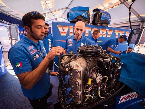Ahmad Al Hameli supervises his engine block inside the Victory Team workshop on Thursday, prior to official free practice in Dammam.