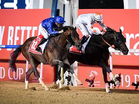Thunder Snow, ridden by C Soumillon, trained by S Bin Surour and owned by Godolphin wins $12m Dubai World Cup, sponsored by Emirates, in a thrilling finish.