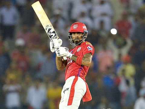 Kings XI Punjab cricketer K. L. Rahul plays a shot during 2019 Indian Premier League (IPL) Twenty20 cricket match between Kings XI Punjab and Mumbai Indians at the Punjab Cricket Association Stadium in Mohali on March 30, 2019. 