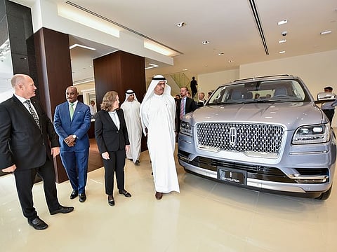 Elena Ford, Chief Customer Experience Officer, Ford Motor Company, Matar Humaid Al Tayer, Board Member, Al Tayer Motors and Frederiek Toney, President, Global Ford Customer Service Division and Vice President and Corporate Officer, Ford Motor Company, at the Lincoln Showroom on Al Ittihad road in Dubai on Sunday.