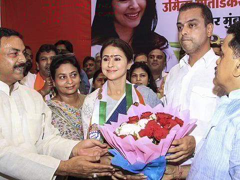 Actress and Congress parliamentary candidate from Mumbai North Lok Sabha constituency Urmila Matondkar during her visit to the Congress office at Borivali in Mumbai on Friday.